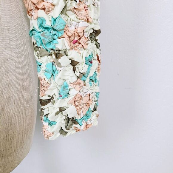 Dolan Printed Pebble Smocked Turtleneck Top M Pink Green Floral Stretch Pullover - Picture 8 of 16